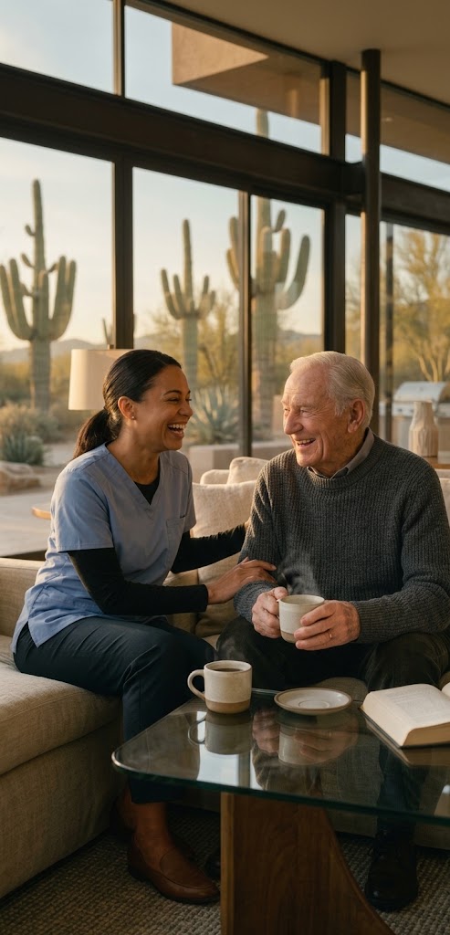 A caregiver and an elderly man sharing a warm laugh over coffee